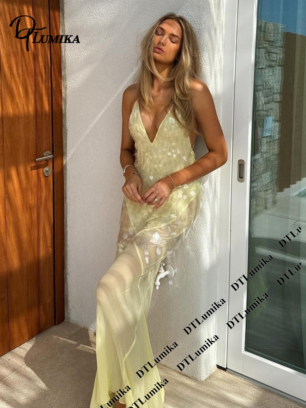 Women Formal Wear Dress - DTLumika Lichtgeel Pailletten Slip Maxi Feestjurk