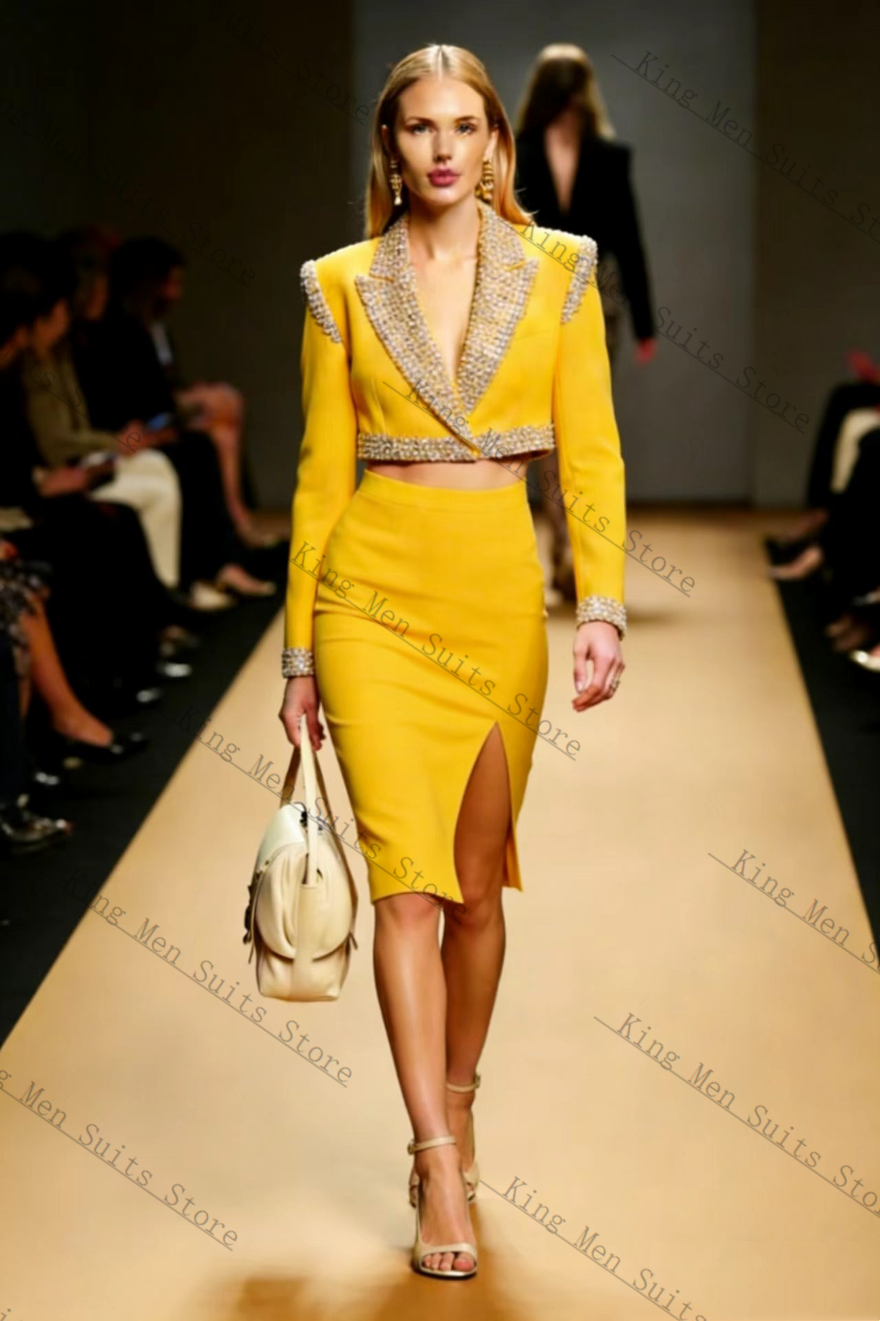 Yellow Formal Wear Women - Gele Kristallen Vrouwen Pak Rok Set