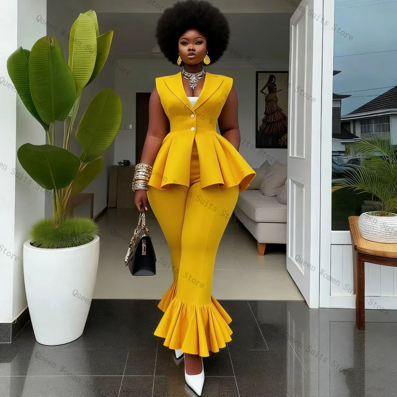 Yellow Formal Wear Women - Gele damespakbroekenset 2 stuks vest +