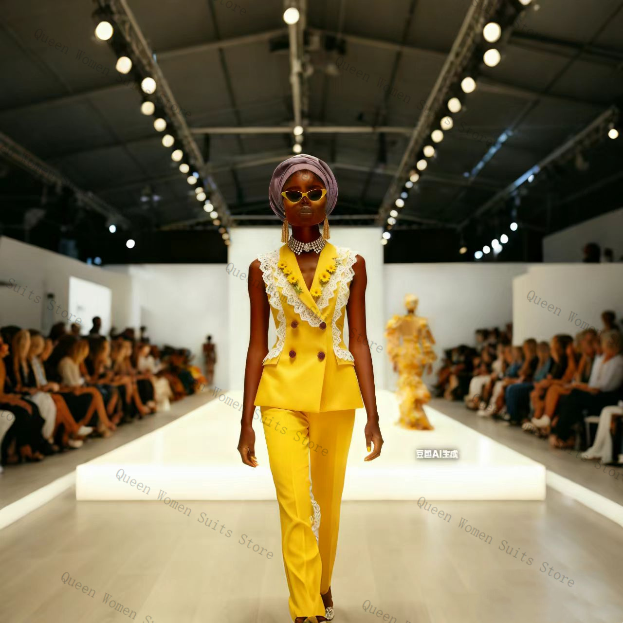 Yellow Formal Wear Women - Geel Wit Kant Damespak Broek Set