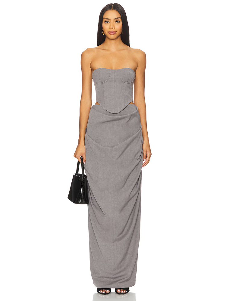 Women Formal Wear Dress - Grijze off-shoulder corset gerimpelde jurkenset 2026