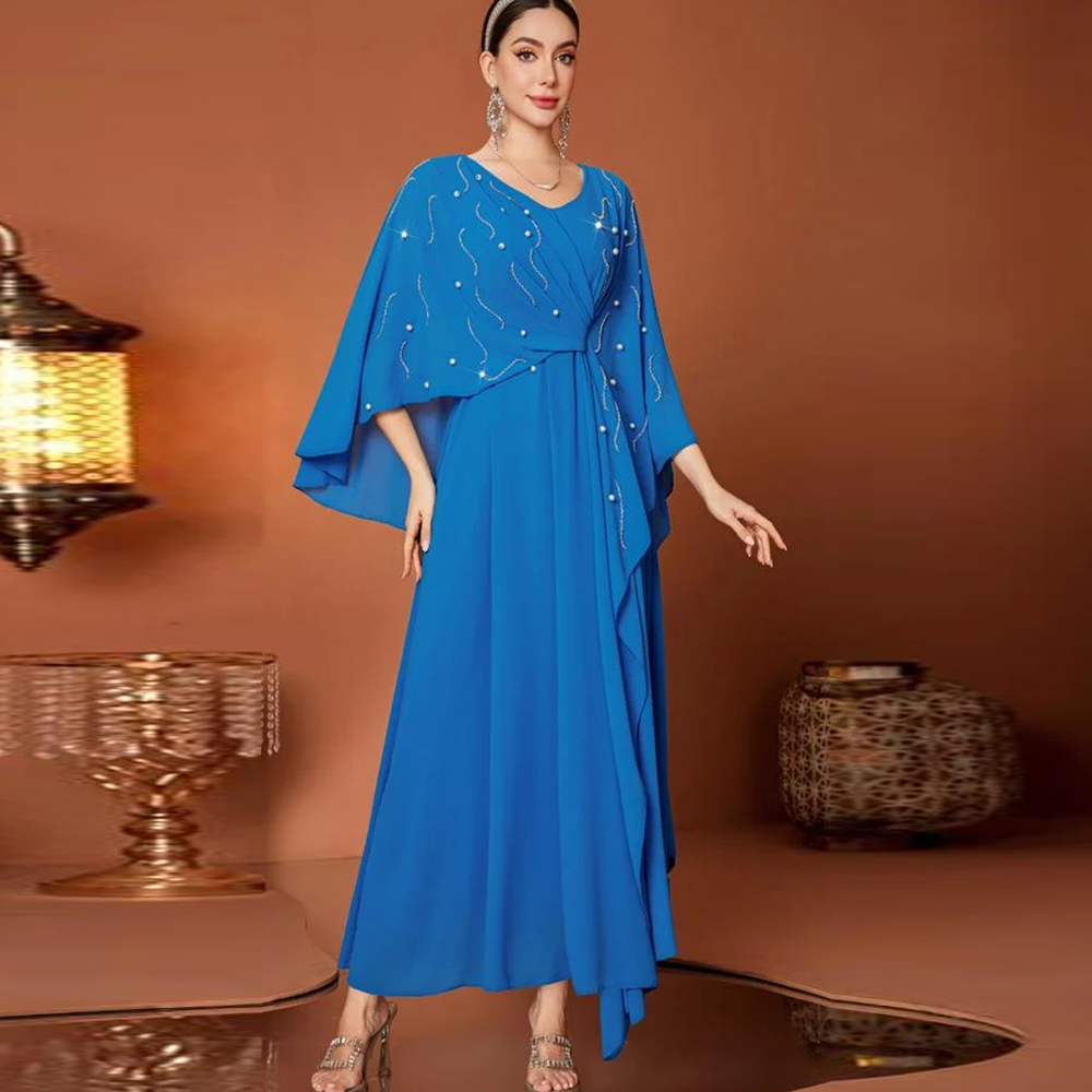 Women'S Formal Wear For Wedding Guest - Luxe avondjurken met V-hals, capemouwen, kralen,