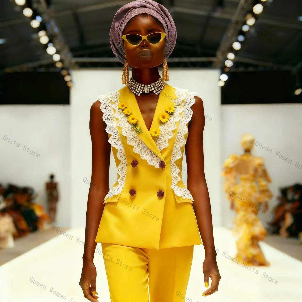 Geel Wit Kant Damespak Broek S - Yellow Formal Wear Women recensie en prijs