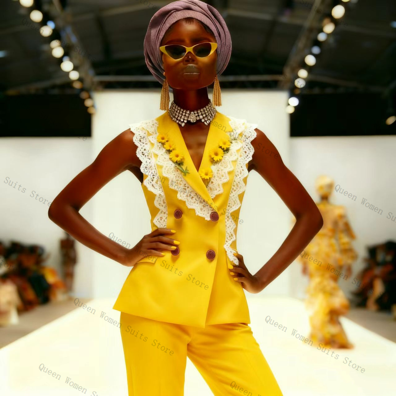 Geel Wit Kant Damespak Broek S - Yellow Formal Wear Women recensie en prijs